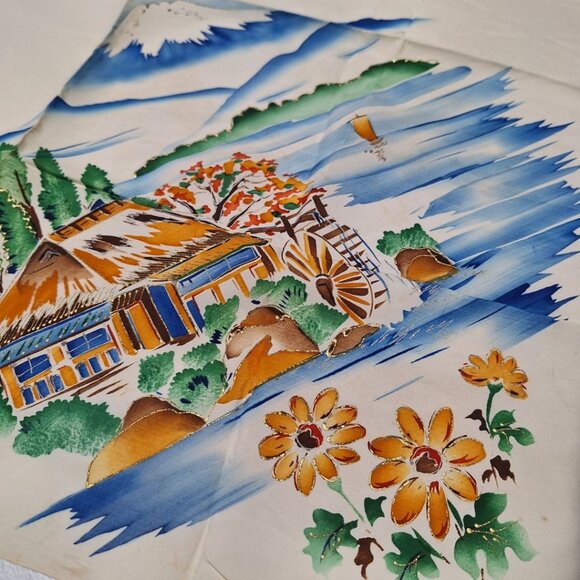 Vintage Painted Scarf Glitter Cabin Mill River Flowers Mountain Decor Old Granny - Picture 7 of 7